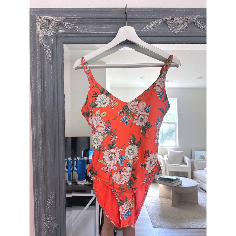 Sunsets Floral One Piece Swimsuit Padded Bust Coral Orange Strappy Back L